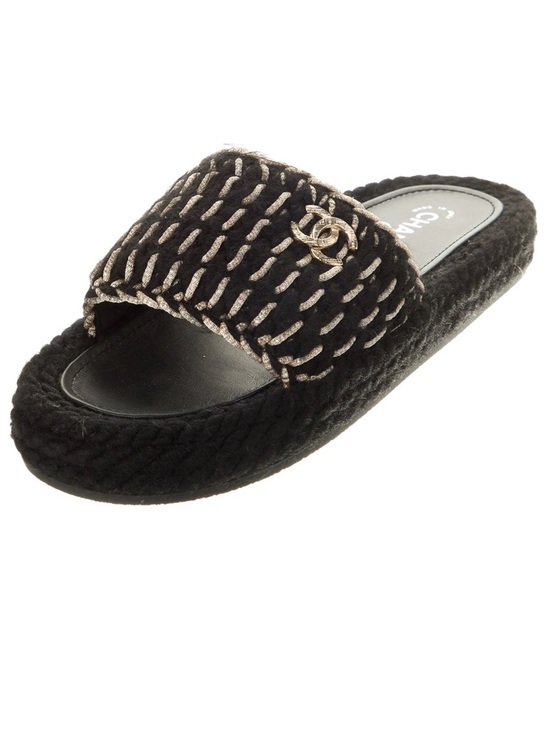 CHANEL Shoes - CHANEL Black & Gold Braided Flat Sandals, Knitted Wool Braided Slide Mules 37.5
